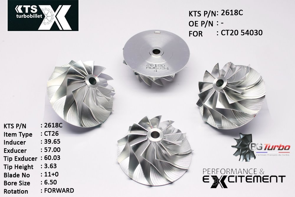 Turbo ROUE FORGÉE MFS PERFORMANCE - 11+0 PALES - INDUCER : 39,65 - EXDUCER : 57 - TYPE : CT26ANGLE : 50° - ROTATION : Forward - SUPER BACK : 0,53 - BORE SIZE : 6,5
